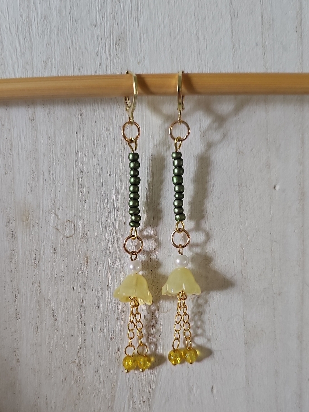 Delicate Green and Yellow Beaded Dangle Earrings